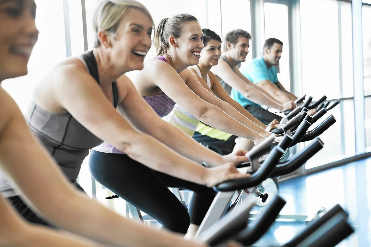Gym members on exercise bikes
