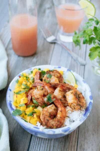 Bowl of jerk shrimp and rice