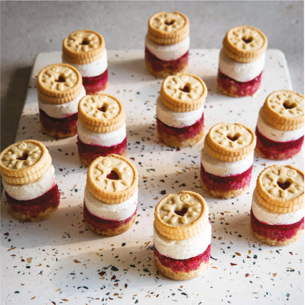 Mini plant-based jammy dodger protein cheesecakes