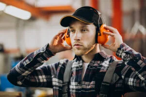 Man blocking out noise with ear protectors
