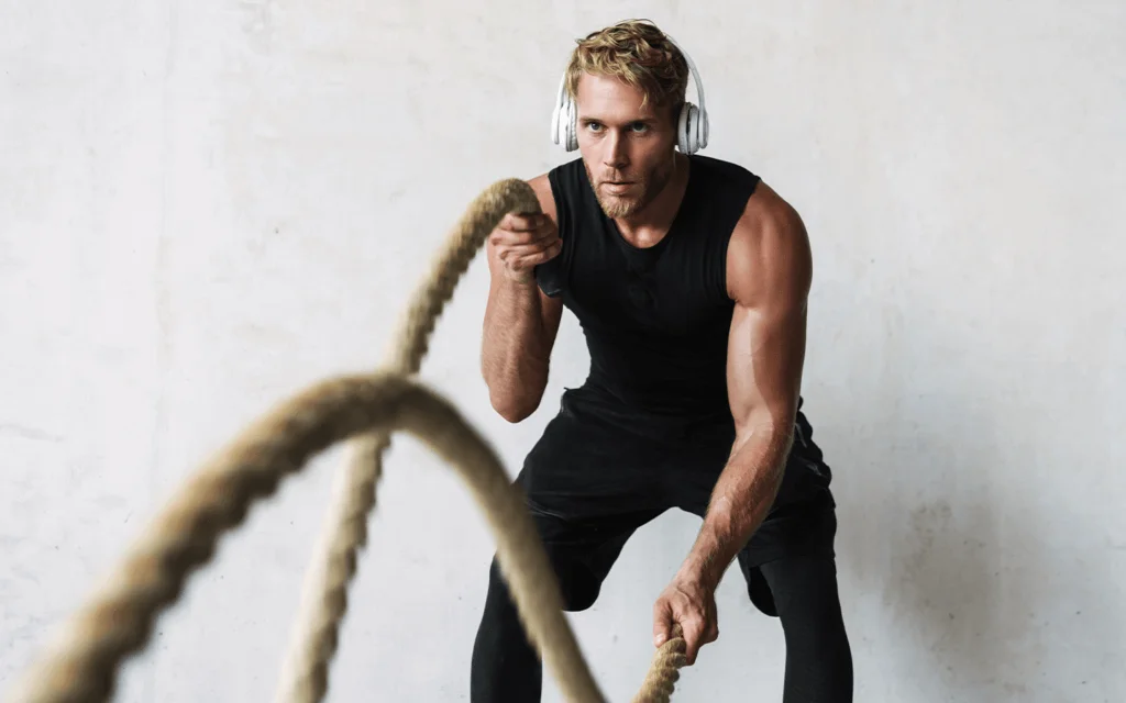 Man working out to movie music