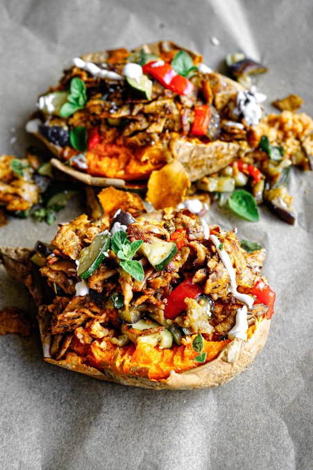 Stuffed sweet potato with planted.kebab